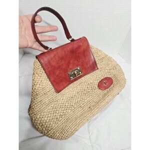 Vtg 90's Le Voyageur Straw Indie Summer Purse Beachy Southwester Leather Red Bag